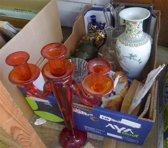 Red glass candelabrum, mixed ceramics & glass